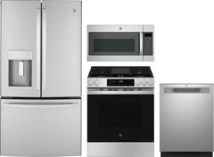 4 Piece Kitchen Appliances Package with French Door Refrigerator, Gas Range, Dishwasher and Over the Range Microwave in Stainless Steel