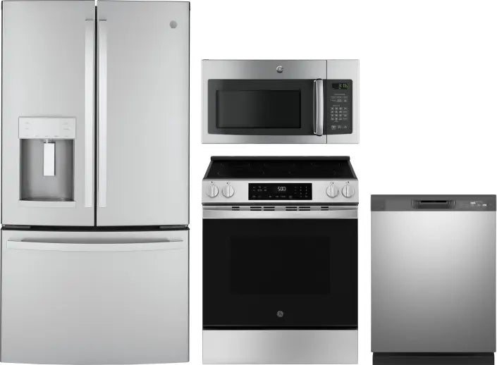 4 Piece Kitchen Appliances Package with French Door Refrigerator, Electric Range, Dishwasher and Over the Range Microwave in Stainless Steel