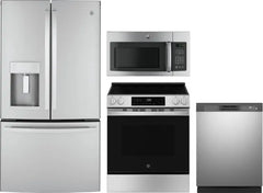 4 Piece Kitchen Appliances Package with French Door Refrigerator, Electric Range, Dishwasher and Over the Range Microwave in Stainless Steel