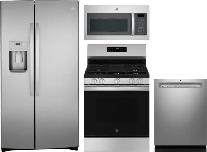 4 Piece Kitchen Appliances Package with Side-by-Side Refrigerator, Gas Range, Dishwasher and Over the Range Microwave in Stainless Steel