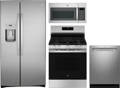 4 Piece Kitchen Appliances Package with Side-by-Side Refrigerator, Gas Range, Dishwasher and Over the Range Microwave in Stainless Steel