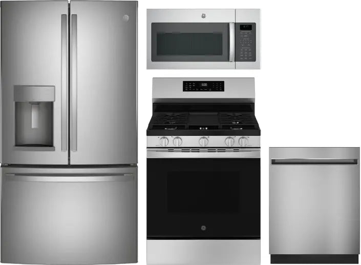 4 Piece Kitchen Appliances Package with French Door Refrigerator, Gas Range, Dishwasher and Over the Range Microwave in Stainless Steel
