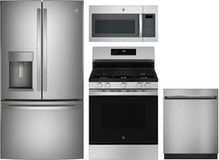 4 Piece Kitchen Appliances Package with French Door Refrigerator, Gas Range, Dishwasher and Over the Range Microwave in Stainless Steel