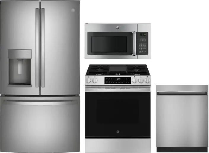 4 Piece Kitchen Appliances Package with French Door Refrigerator, Gas Range, Dishwasher and Over the Range Microwave in Stainless Steel