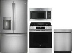4 Piece Kitchen Appliances Package with French Door Refrigerator, Gas Range, Dishwasher and Over the Range Microwave in Stainless Steel