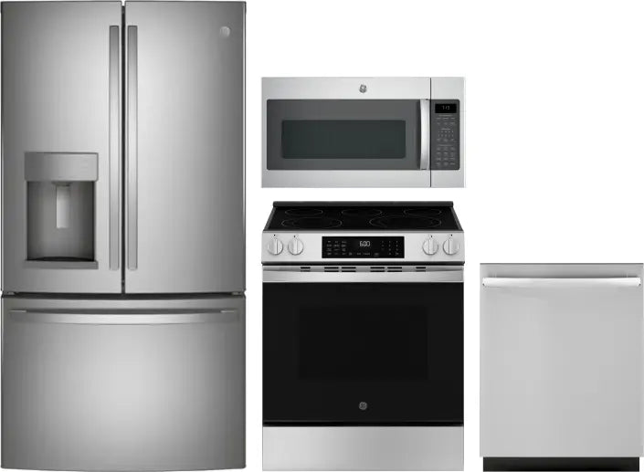 4 Piece Kitchen Appliances Package with French Door Refrigerator, Electric Range, Dishwasher and Over the Range Microwave in Stainless Steel