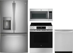 4 Piece Kitchen Appliances Package with French Door Refrigerator, Electric Range, Dishwasher and Over the Range Microwave in Stainless Steel