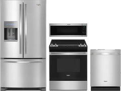 Whirlpool 4-Piece Kitchen Appliance Package – French Door Refrigerator, Slide-In Electric Range, Fully Integrated Dishwasher & Over-the-Range Microwave in Stainless Steel