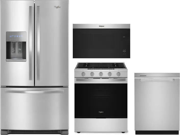 Whirlpool 4-Piece Kitchen Appliance Package – French Door Refrigerator, Slide-In Gas Smart Range, Fully Integrated Dishwasher & Over-the-Range Microwave in Stainless Steel