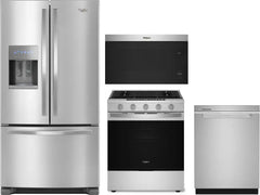 Whirlpool 4-Piece Kitchen Appliance Package – French Door Refrigerator, Slide-In Gas Smart Range, Fully Integrated Dishwasher & Over-the-Range Microwave in Stainless Steel