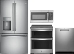 4 Piece Kitchen Appliances Package with French Door Refrigerator, Electric Range, Dishwasher and Over the Range Microwave in Stainless Steel