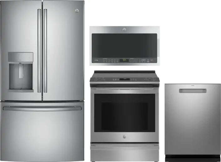 4 Piece Kitchen Appliances Package with French Door Refrigerator, Electric Range, Dishwasher and Over the Range Microwave in Stainless Steel