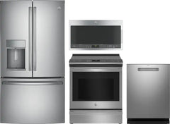 4 Piece Kitchen Appliances Package with French Door Refrigerator, Electric Range, Dishwasher and Over the Range Microwave in Stainless Steel