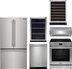 Frigidaire Professional 6-Piece Kitchen Appliance Package – Counter-Depth French Door Refrigerator, Slide-In Electric Range,  Fully Integrated Dishwasher, Under-Cabinet Range Hood,Beverage Center &  Wine Cooler in Stainless Steel