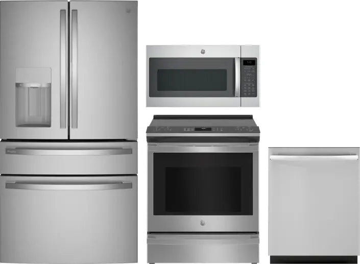 4 Piece Kitchen Appliances Package with French Door Refrigerator, Electric Range, Dishwasher and Over the Range Microwave in Stainless Steel