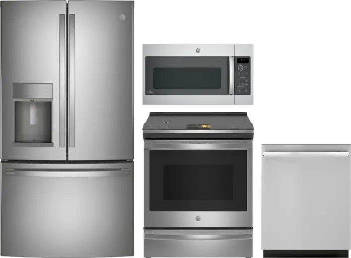 4 Piece Kitchen Appliances Package with French Door Refrigerator, Induction Range, Dishwasher and Over the Range Microwave in Stainless Steel