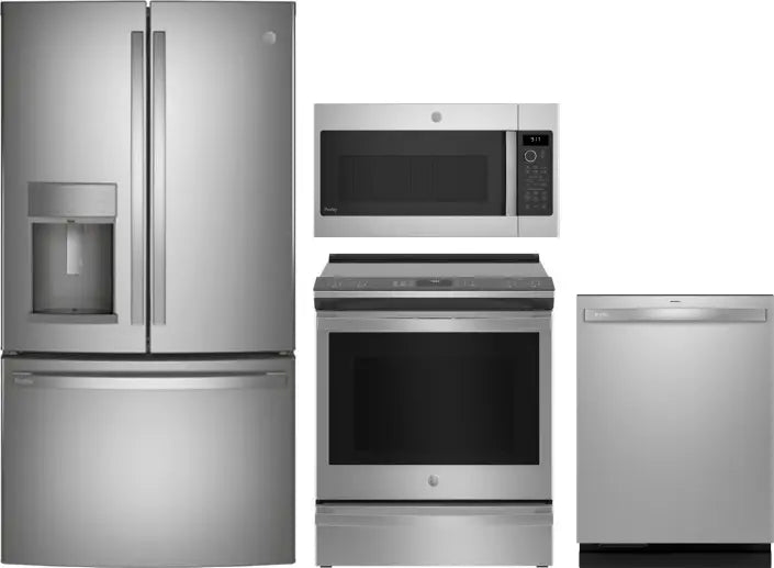 4 Piece Kitchen Appliances Package with French Door Refrigerator, Induction Range, Dishwasher and Over the Range Microwave in Stainless Steel