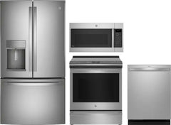 4 Piece Kitchen Appliances Package with French Door Refrigerator, Induction Range, Dishwasher and Over the Range Microwave in Stainless Steel