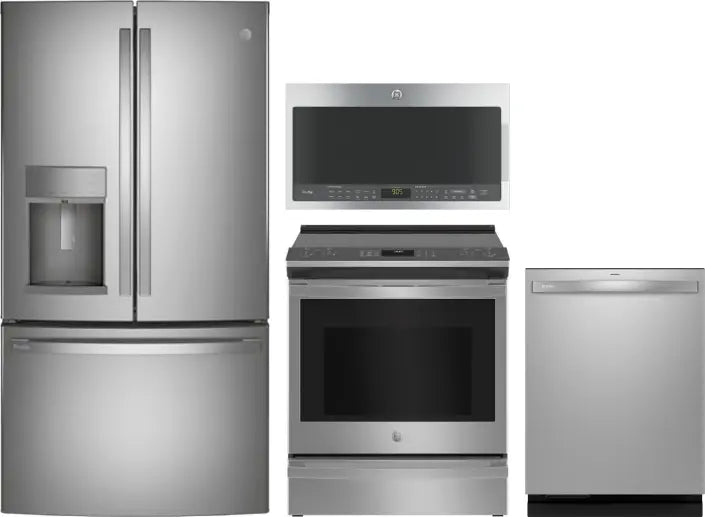 4 Piece Kitchen Appliances Package with French Door Refrigerator, Electric Range, Dishwasher and Over the Range Microwave in Stainless Steel