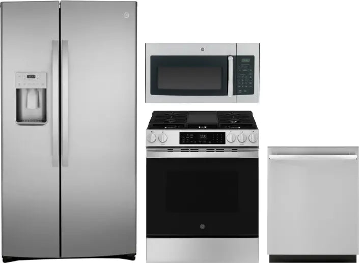 4 Piece Kitchen Appliances Package with Side-by-Side Refrigerator, Gas Range, Dishwasher and Over the Range Microwave in Stainless Steel