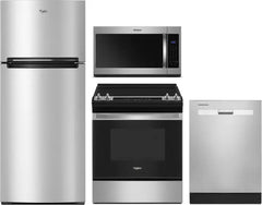 Whirlpool 4-Piece Kitchen Appliance Package – Top Freezer Refrigerator, Slide-In Electric Range, Fully Integrated Dishwasher & Over-the-Range Microwave in Fingerprint-Resistant Stainless Steel