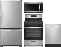 Whirlpool 4-Piece Kitchen Appliance Package – Bottom-Freezer Refrigerator, Freestanding Gas Range, Fully Integrated Dishwasher & Over-the-Range Microwave in Stainless Steel