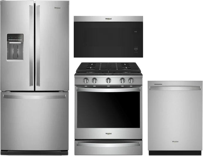 Whirlpool 4-Piece Kitchen Appliance Package – French Door Refrigerator, Slide-In Gas Smart Range, Fully Integrated Dishwasher & Over-the-Range Microwave Oven in Fingerprint-Resistant Stainless Steel