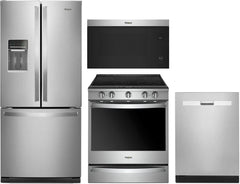 Whirlpool 4-Piece Kitchen Appliance Package – French Door Refrigerator, Slide-In Electric Range, Fully Integrated Dishwasher & Over-the-Range Microwave Oven in Fingerprint-Resistant Stainless Steel
