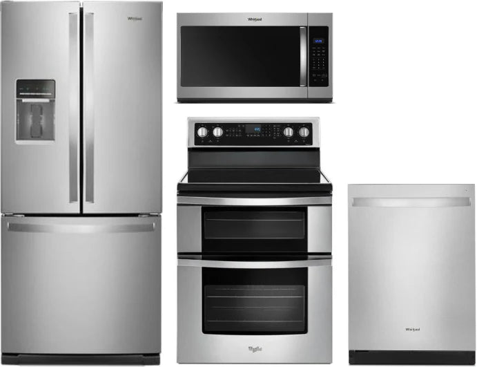 Whirlpool 4-Piece Kitchen Appliance Package – French Door Refrigerator, Electric Range, Fully Integrated Dishwasher & Over-the-Range Microwave in Stainless Steel