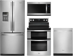 Whirlpool 4-Piece Kitchen Appliance Package – French Door Refrigerator, Electric Range, Fully Integrated Dishwasher & Over-the-Range Microwave in Stainless Steel