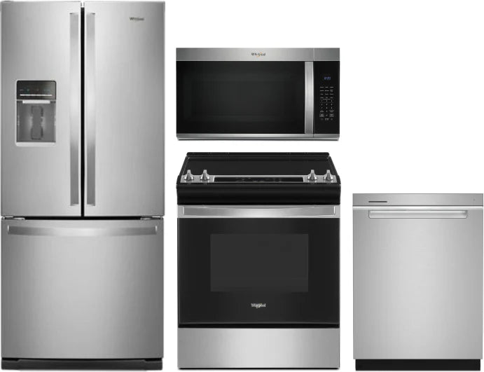 Whirlpool 4-Piece Kitchen Appliance Package – French Door Refrigerator, Slide-In Electric Range, Fully Integrated Dishwasher & Over-the-Range Microwave Oven in Stainless Steel