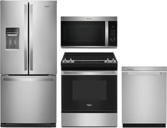 Whirlpool 4-Piece Kitchen Appliance Package – French Door Refrigerator, Slide-In Electric Range, Fully Integrated Dishwasher & Over-the-Range Microwave Oven in Stainless Steel