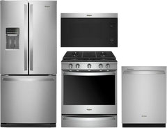 Whirlpool 4-Piece Kitchen Appliance Package – French Door Refrigerator, Slide-In Gas Smart Range, Fully Integrated Dishwasher & Over-the-Range Microwave Oven in Fingerprint-Resistant Stainless Steel