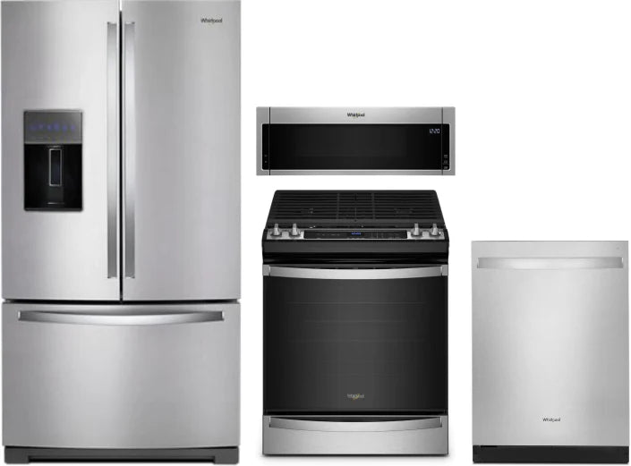 Whirlpool 4-Piece Kitchen Appliance Package – French Door Refrigerator, Slide-In Gas Range, Fully Integrated Dishwasher & Over-the-Range Microwave in Stainless Steel