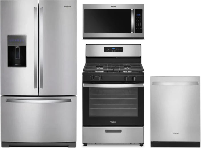 Whirlpool 4-Piece Kitchen Appliance Package – French Door Refrigerator, Freestanding Gas Range, Fully Integrated Dishwasher & Over-the-Range Microwave in Stainless Steel