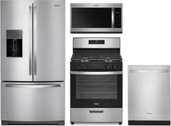 Whirlpool 4-Piece Kitchen Appliance Package – French Door Refrigerator, Freestanding Gas Range, Fully Integrated Dishwasher & Over-the-Range Microwave in Stainless Steel