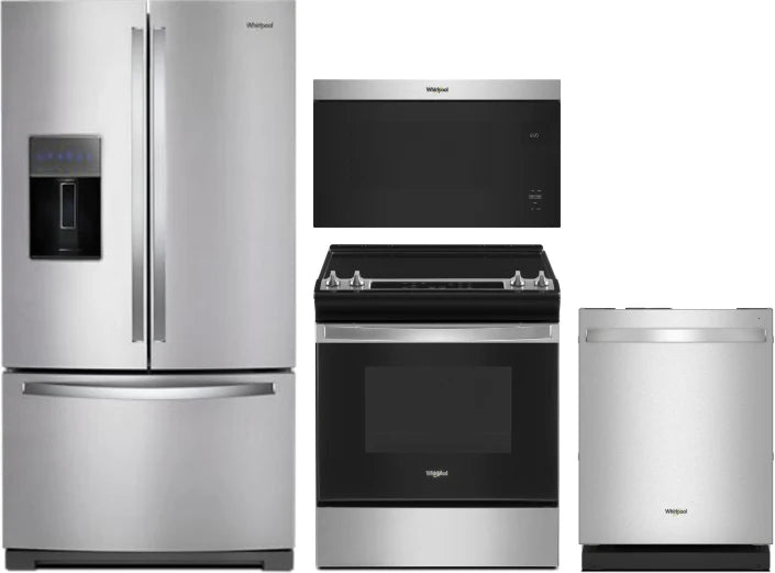 Whirlpool 4-Piece Kitchen Appliance Package – French Door Refrigerator, Slide-In Electric Range, Fully Integrated Dishwasher & Over-the-Range Microwave Oven in Fingerprint-Resistant Stainless Steel