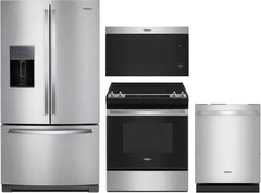 Whirlpool 4-Piece Kitchen Appliance Package – French Door Refrigerator, Slide-In Electric Range, Fully Integrated Dishwasher & Over-the-Range Microwave Oven in Fingerprint-Resistant Stainless Steel