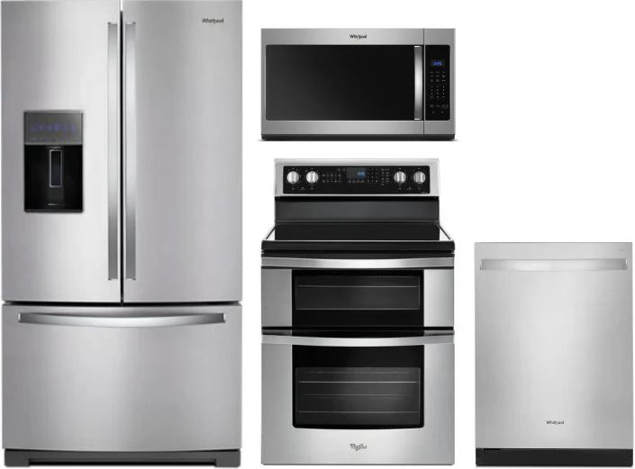 Whirlpool 4-Piece Kitchen Appliance Package – French Door Refrigerator, Electric Range, Fully Integrated Dishwasher & Over-the-Range Microwave in Stainless Steel