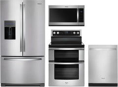 Whirlpool 4-Piece Kitchen Appliance Package – French Door Refrigerator, Electric Range, Fully Integrated Dishwasher & Over-the-Range Microwave in Stainless Steel