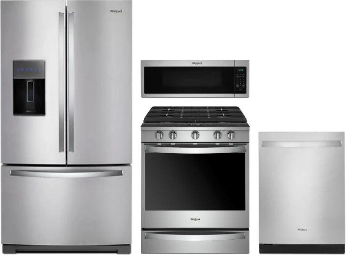 Whirlpool 4-Piece Kitchen Appliance Package – French Door Refrigerator, Slide-In Gas Smart Range, Fully Integrated Dishwasher & Over-the-Range Microwave Hood Combination in Fingerprint-Resistant Stainless Steel